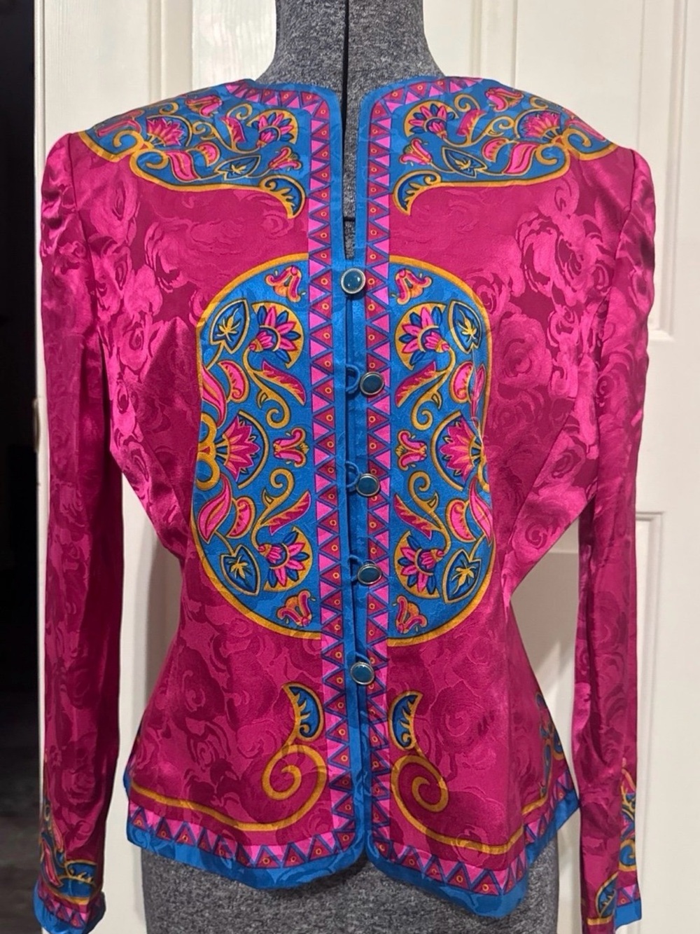 Adrianna Papell Magenta Satin Button-Front Top with Blue and Gold Floral Trim